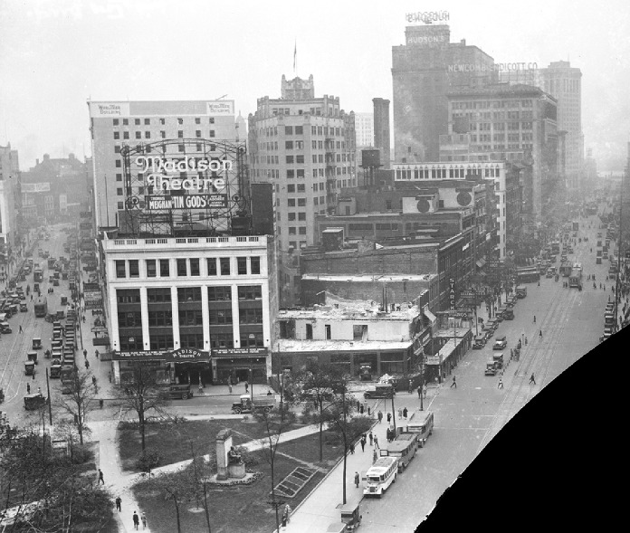 Madison Theater in 1926. The Gladwin Building next door was being torn down to make way for what is now the Broderick Tower. 